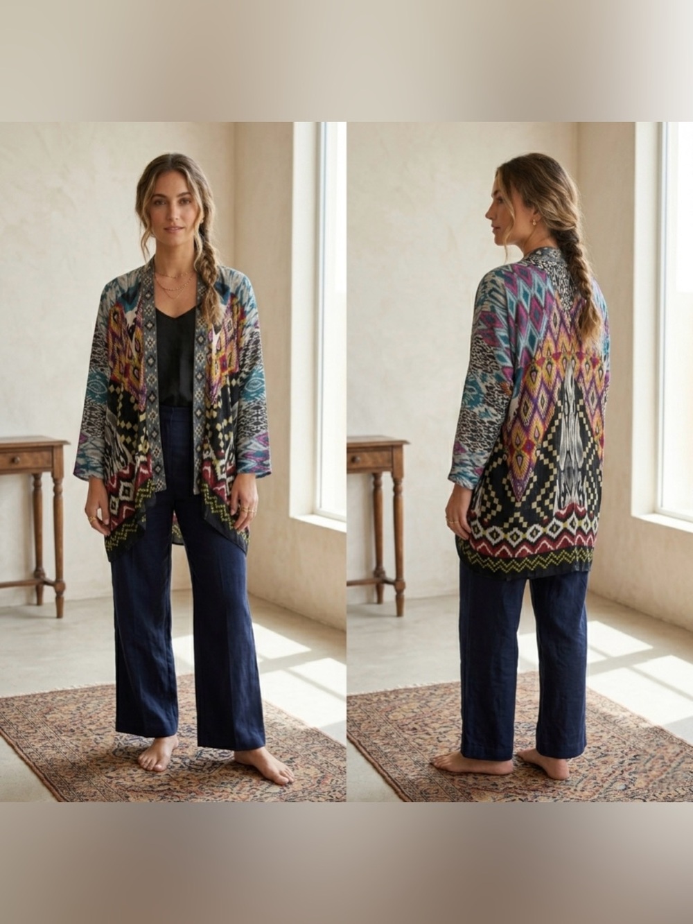 Kyla Seo S/M Embroidered Print Aztec Rayon Viscose Kimono Jacket Anthropologie